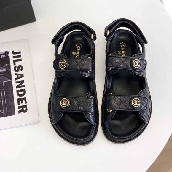 Chanel Gate NO 5 Quilted Leather Strap Black Sandals